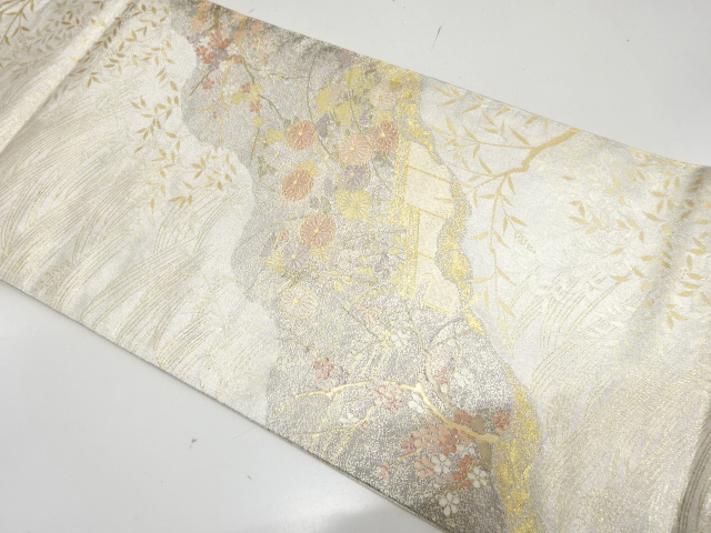 藤三郎謹製　庭園風景模様織り出し　袋帯